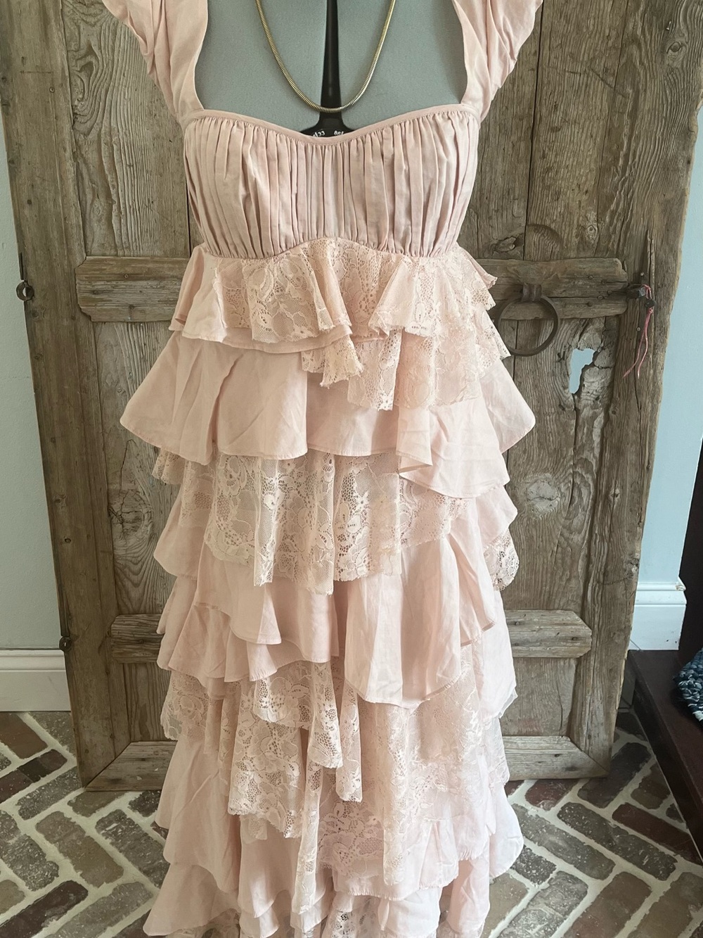 Anthropologie Tiered Lace Ruffle Light Pink Dress